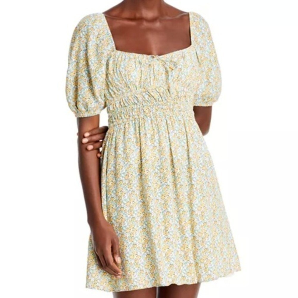 Faithfull the Brand "Sylvie" Yellow Blue‎ Floral Puff Sleeve Mini Dress Size 12